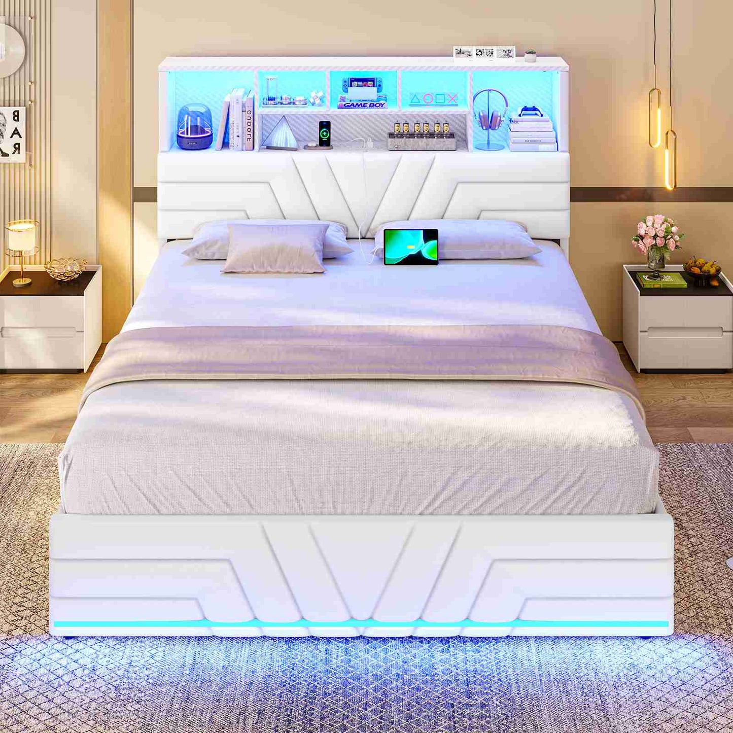 DICTAC | Gaming Bed Frame with 4 Drawers, RGB LED Lights, Charging Station & Storage Headboard, White
