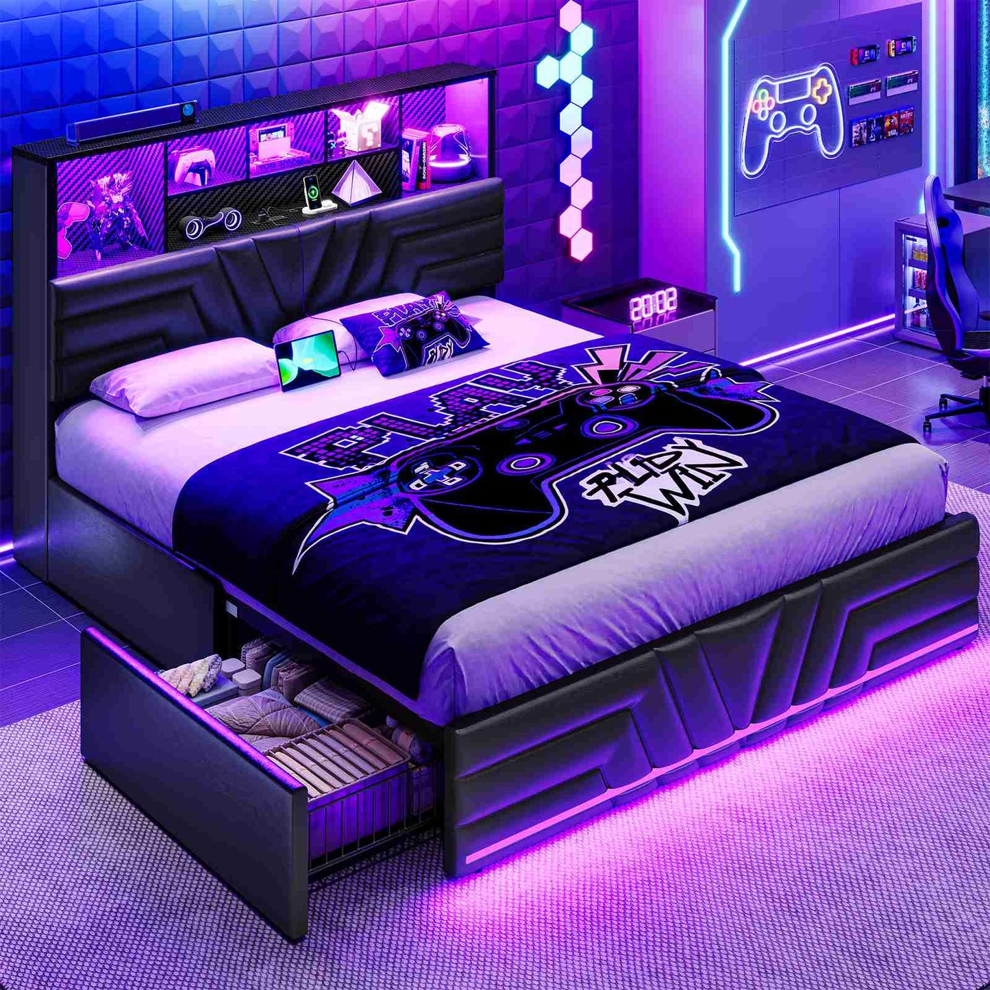 DICTAC | Gaming Bed Frame with 4 Drawers, RGB LED Lights, Charging Station & Storage Headboard, Black