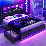 DICTAC | Gaming Bed with 4 Drawers, Storage Headboard, Charging Station & RGB LED Lights - Black
