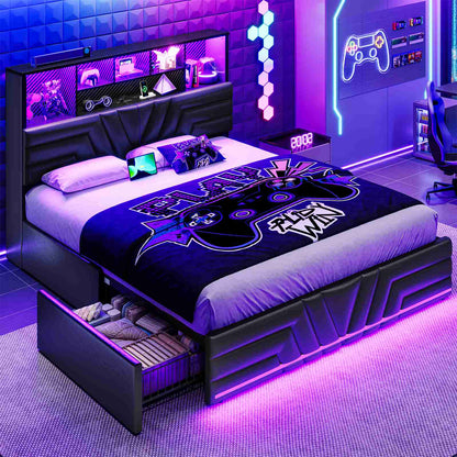 DICTAC | Gaming Bed Frame with 4 Drawers, RGB LED Lights, Charging Station & Storage Headboard, Black