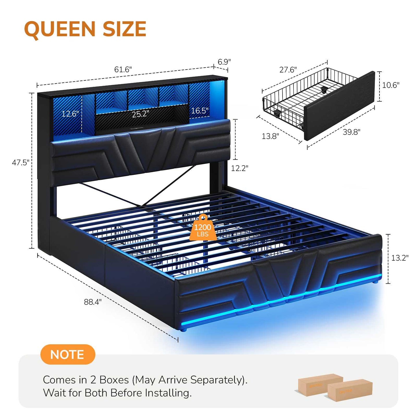 DICTAC | Gaming Bed Frame with 4 Drawers, RGB LED Lights, Charging Station & Storage Headboard, Black
