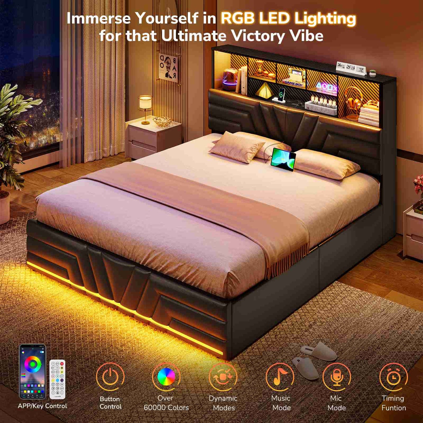 DICTAC | Gaming Bed Frame with 4 Drawers, RGB LED Lights, Charging Station & Storage Headboard, Black