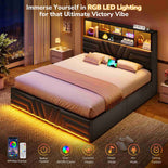 DICTAC | Gaming Bed with 4 Drawers, Storage Headboard, Charging Station & RGB LED Lights - Black