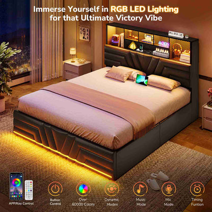 DICTAC | Gaming Bed Frame with 4 Drawers, RGB LED Lights, Charging Station & Storage Headboard, Black