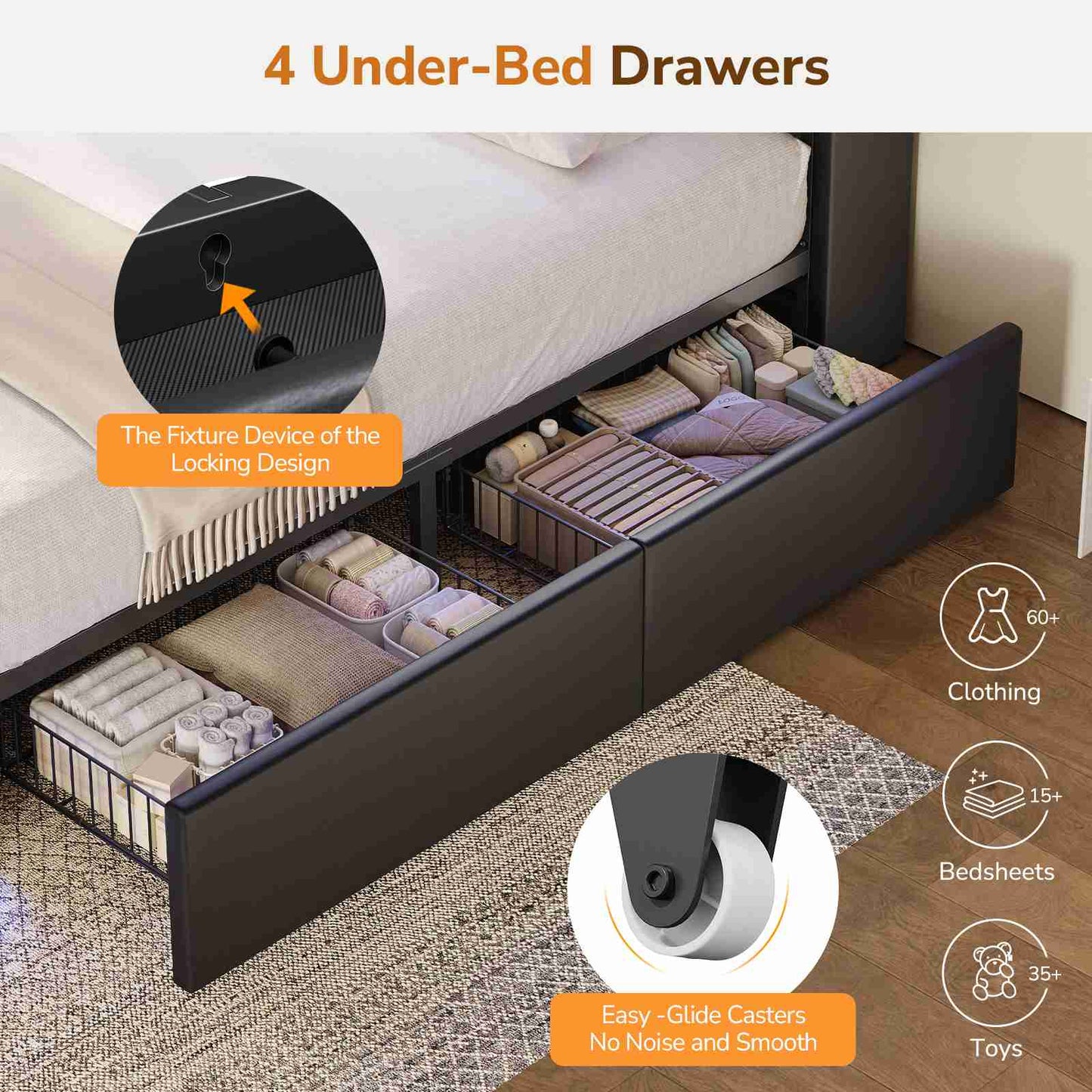 DICTAC | Gaming Bed Frame with 4 Drawers, RGB LED Lights, Charging Station & Storage Headboard, Black