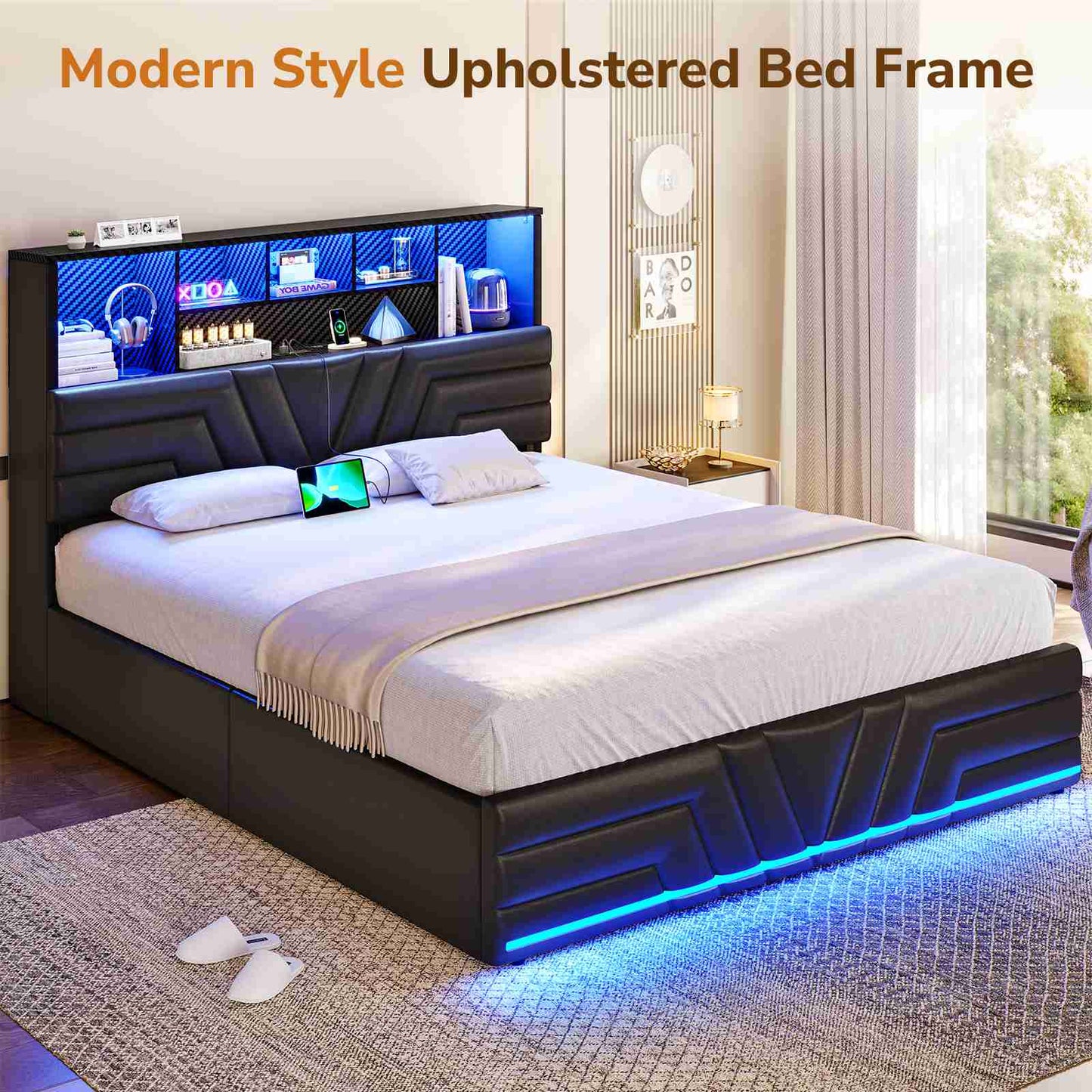 DICTAC | Gaming Bed Frame with 4 Drawers, RGB LED Lights, Charging Station & Storage Headboard, Black