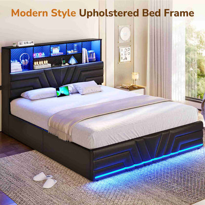DICTAC | Gaming Bed Frame with 4 Drawers, RGB LED Lights, Charging Station & Storage Headboard, Black