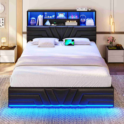 DICTAC | Gaming Bed Frame with 4 Drawers, RGB LED Lights, Charging Station & Storage Headboard, Black