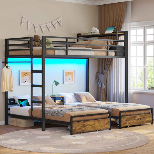 DICTAC | Triple Bunk Bed Twin Over Twin for Kids, 3 Beds with Storage Drawers, Shelves & Charging Station, LED Metal Bunk Bed with Guardrails & Ladder, Space-Saving Design (Black/White)