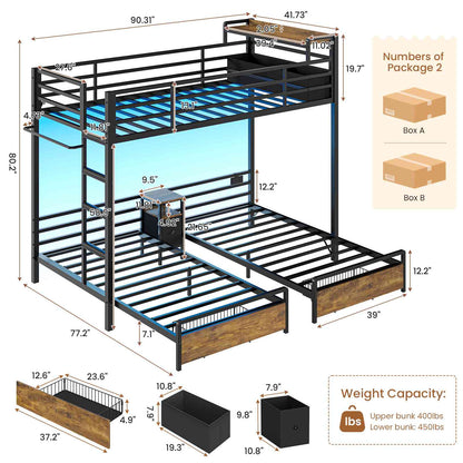 DICTAC | Triple Bunk Bed Twin Over Twin for Kids, 3 Beds with Storage Drawers, Shelves & Charging Station, LED Metal Bunk Bed with Guardrails & Ladder, Space-Saving Design (Black/White)