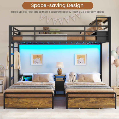 DICTAC | Triple Bunk Bed Twin Over Twin for Kids, 3 Beds with Storage Drawers, Shelves & Charging Station, LED Metal Bunk Bed with Guardrails & Ladder, Space-Saving Design (Black/White)