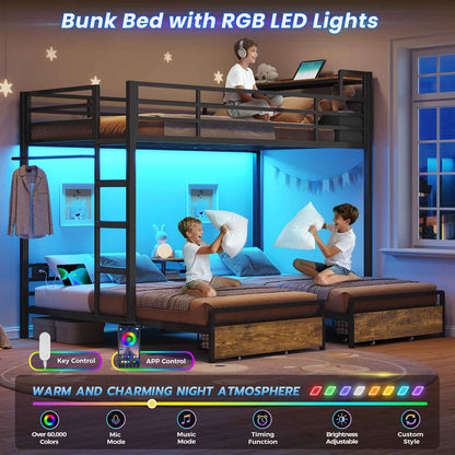 DICTAC | Triple Bunk Bed Twin Over Twin for Kids, 3 Beds with Storage Drawers, Shelves & Charging Station, LED Metal Bunk Bed with Guardrails & Ladder, Space-Saving Design (Black/White)
