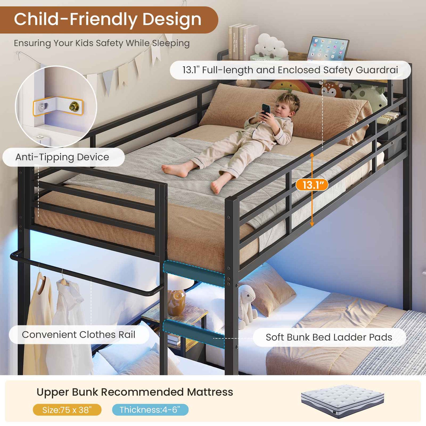 DICTAC | Triple Bunk Bed Twin Over Twin for Kids, 3 Beds with Storage Drawers, Shelves & Charging Station, LED Metal Bunk Bed with Guardrails & Ladder, Space-Saving Design (Black/White)