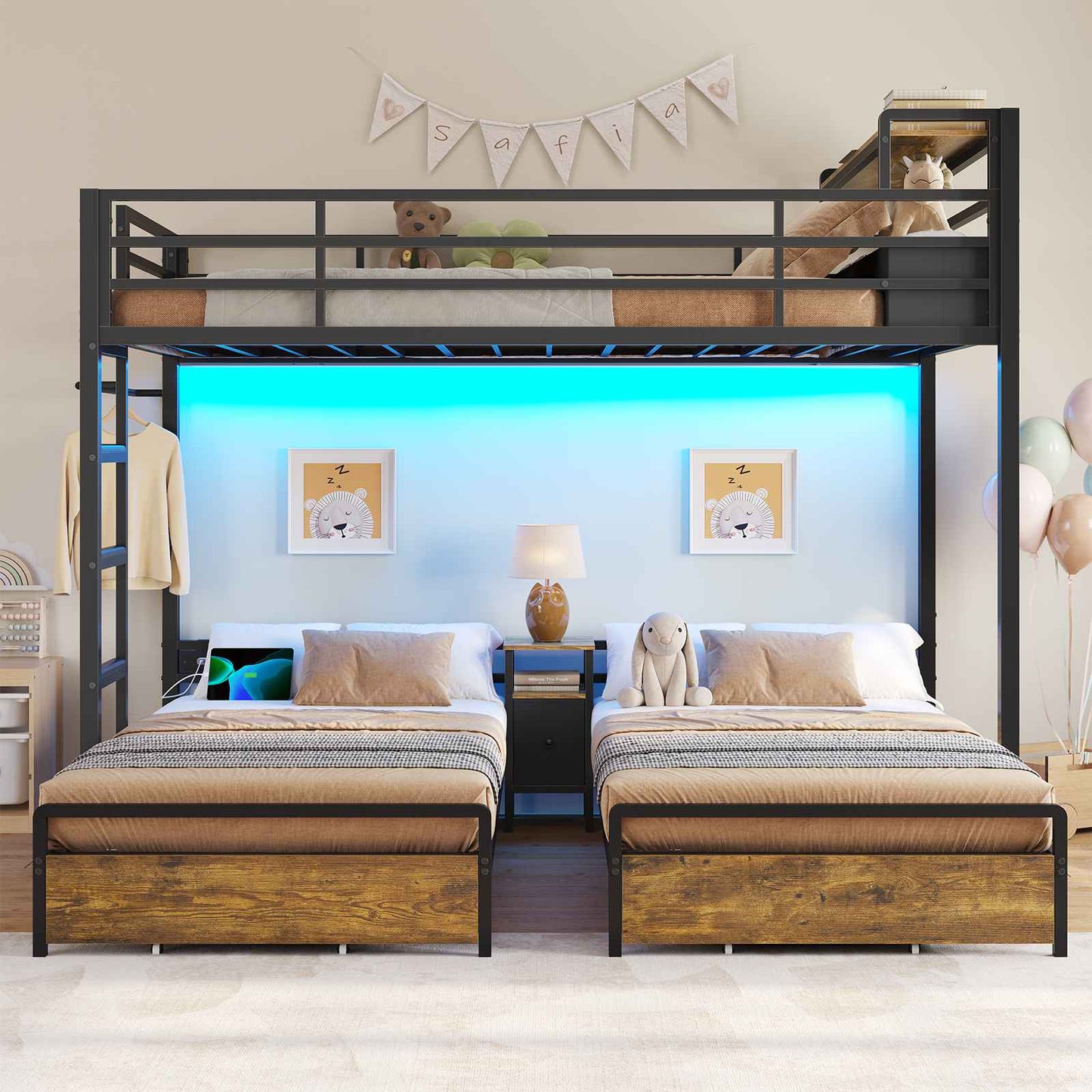 DICTAC | Triple Bunk Bed Twin Over Twin for Kids, 3 Beds with Storage Drawers, Shelves & Charging Station, LED Metal Bunk Bed with Guardrails & Ladder, Space-Saving Design (Black/White)
