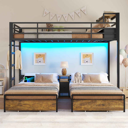 DICTAC | Triple Bunk Bed Twin Over Twin for Kids, 3 Beds with Storage Drawers, Shelves & Charging Station, LED Metal Bunk Bed with Guardrails & Ladder, Space-Saving Design (Black/White)