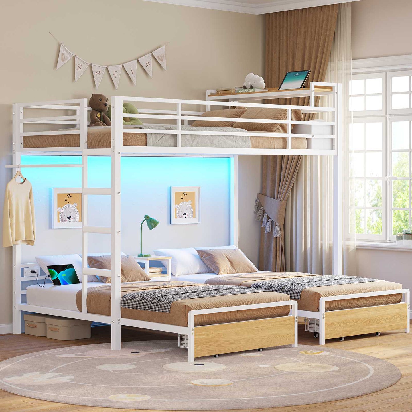 DICTAC | Triple Bunk Bed Twin Over Twin for Kids, 3 Beds with Storage Drawers, Shelves & Charging Station, LED Metal Bunk Bed with Guardrails & Ladder, Space-Saving Design (Black/White)