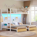 DICTAC | Triple Bunk Bed Twin Over Twin for Kids, 3 Beds with Storage Drawers, Shelves & Charging Station, LED Metal Bunk Bed with Guardrails & Ladder, Space-Saving Design (Black/White)