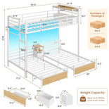 DICTAC | Triple Bunk Bed Twin Over Twin for Kids, 3 Beds with Storage Drawers, Shelves & Charging Station, LED Metal Bunk Bed with Guardrails & Ladder, Space-Saving Design (Black/White)