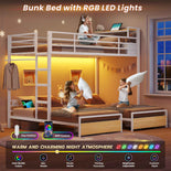 DICTAC | Triple Bunk Bed Twin Over Twin for Kids, 3 Beds with Storage Drawers, Shelves & Charging Station, LED Metal Bunk Bed with Guardrails & Ladder, Space-Saving Design (Black/White)