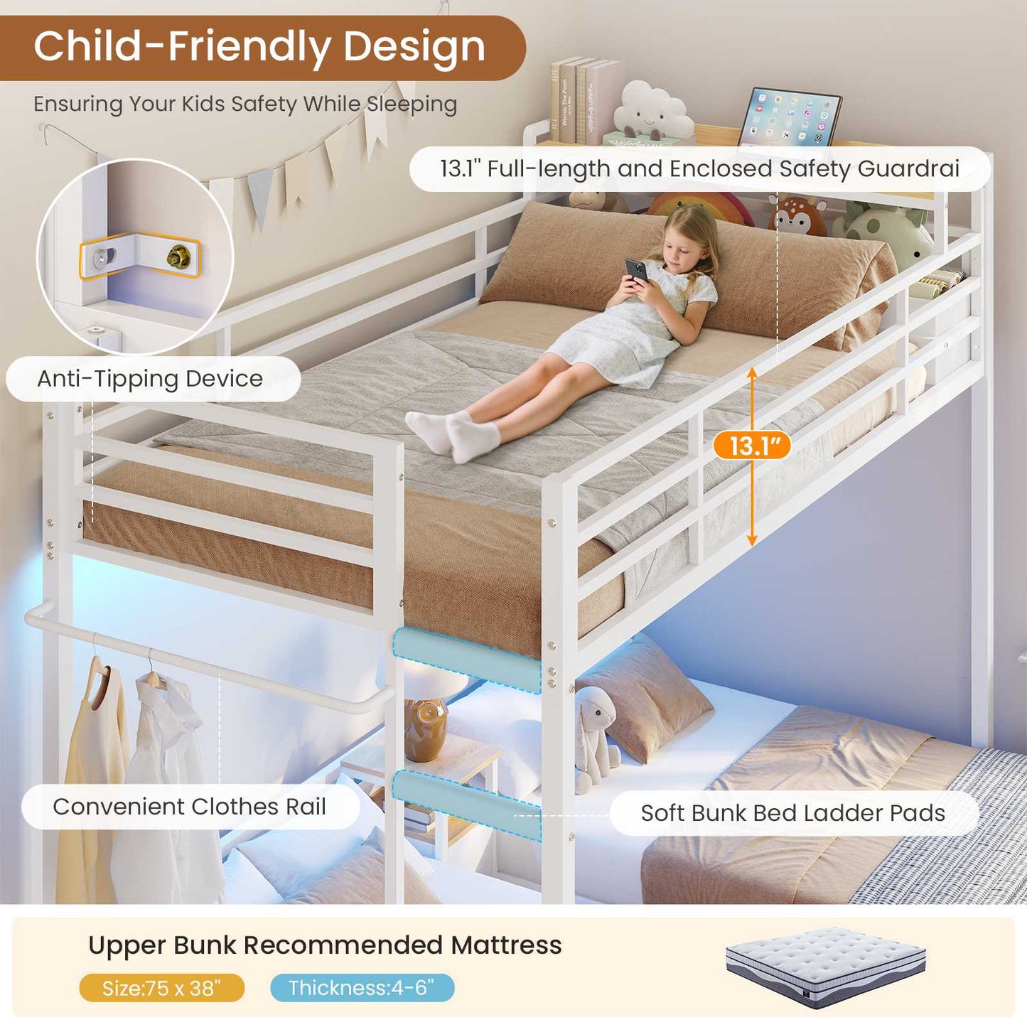 DICTAC | Triple Bunk Bed Twin Over Twin for Kids, 3 Beds with Storage Drawers, Shelves & Charging Station, LED Metal Bunk Bed with Guardrails & Ladder, Space-Saving Design (Black/White)