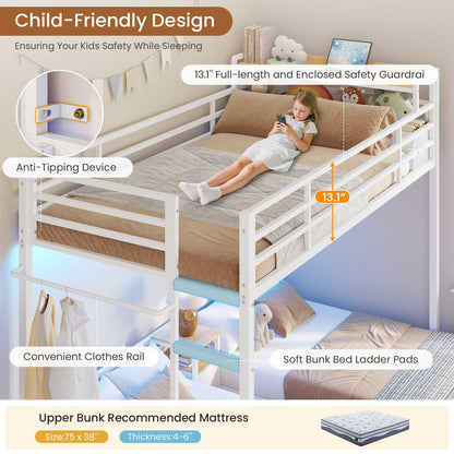 DICTAC | Triple Bunk Bed Twin Over Twin for Kids, 3 Beds with Storage Drawers, Shelves & Charging Station, LED Metal Bunk Bed with Guardrails & Ladder, Space-Saving Design (Black/White)