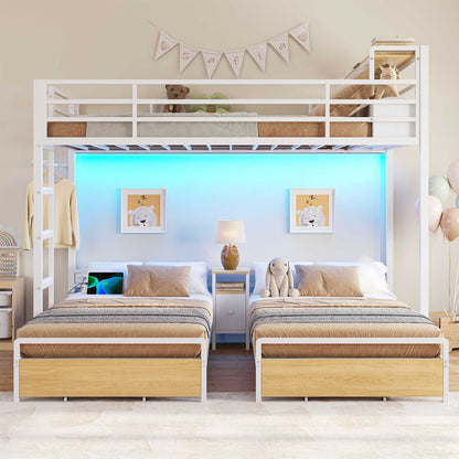 DICTAC | Triple Bunk Bed Twin Over Twin for Kids, 3 Beds with Storage Drawers, Shelves & Charging Station, LED Metal Bunk Bed with Guardrails & Ladder, Space-Saving Design (Black/White)
