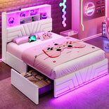 DICTAC | Gaming Bed with 4 Drawers, Storage Headboard, Charging Station & RGB LED Lights - White
