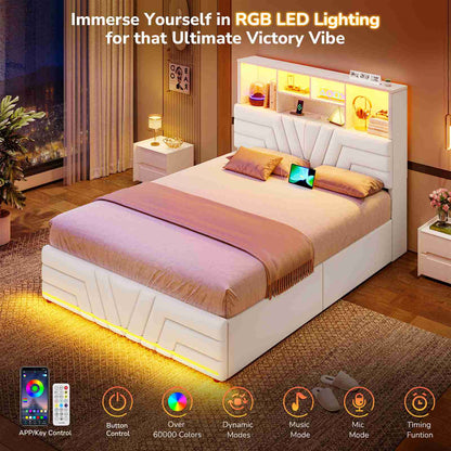 DICTAC | Gaming Bed Frame with 4 Drawers, RGB LED Lights, Charging Station & Storage Headboard, White