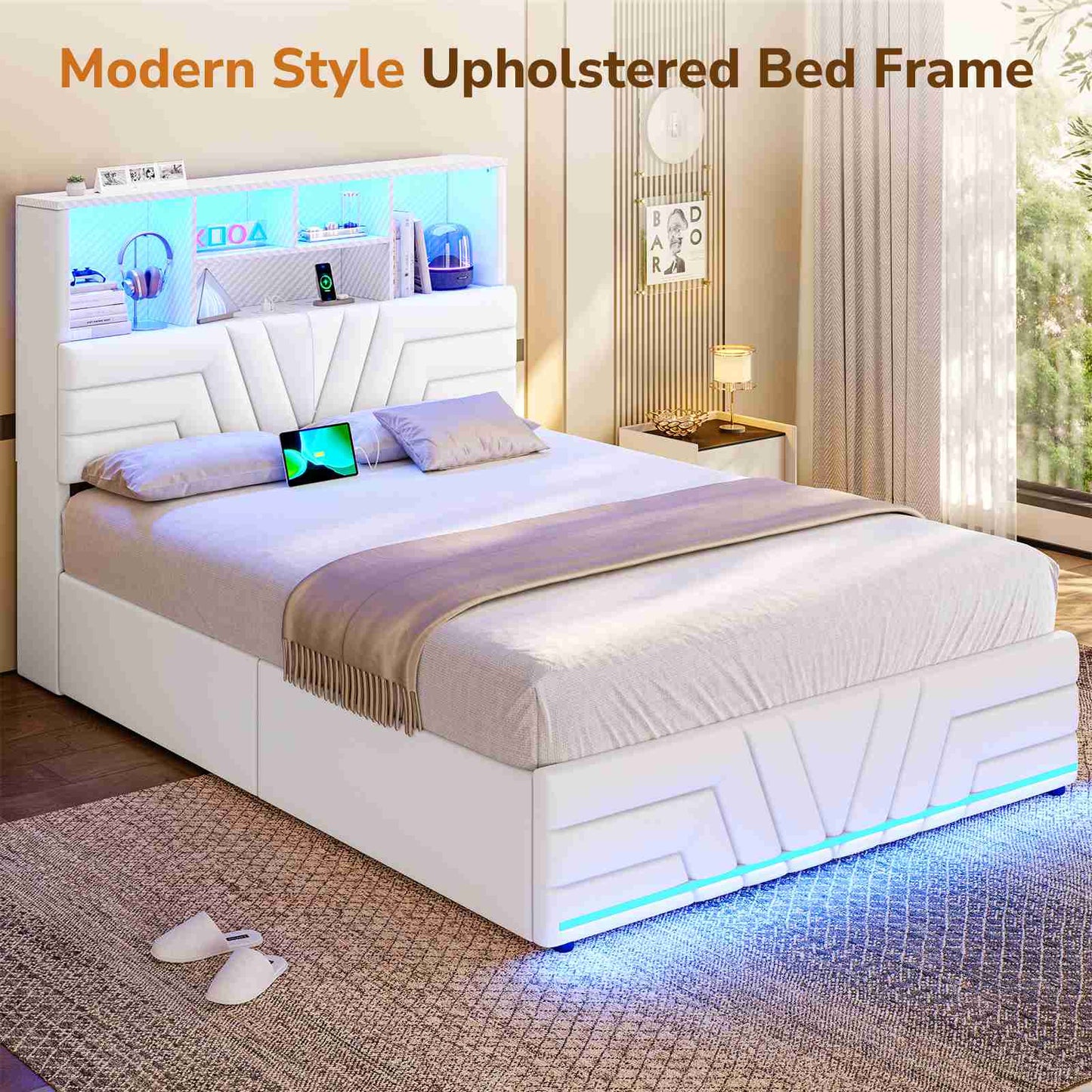 DICTAC | Gaming Bed Frame with 4 Drawers, RGB LED Lights, Charging Station & Storage Headboard, White