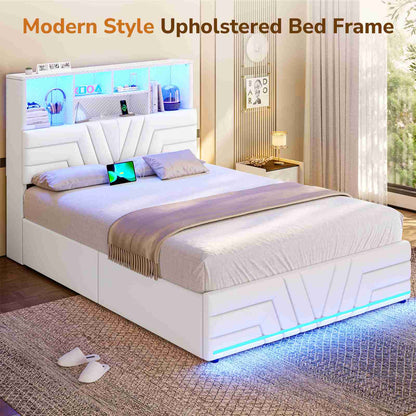 DICTAC | Gaming Bed Frame with 4 Drawers, RGB LED Lights, Charging Station & Storage Headboard, White