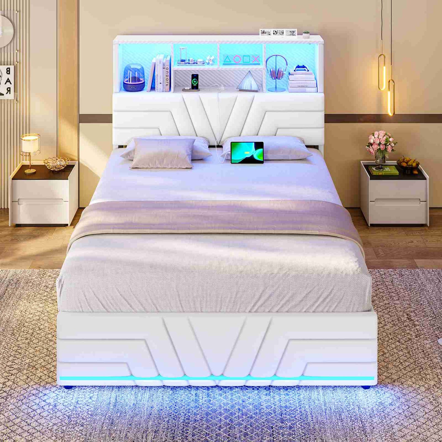 DICTAC | Gaming Bed Frame with 4 Drawers, RGB LED Lights, Charging Station & Storage Headboard, White