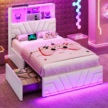 DICTAC | Gaming Bed with 4 Drawers, Storage Headboard, Charging Station & RGB LED Lights - White