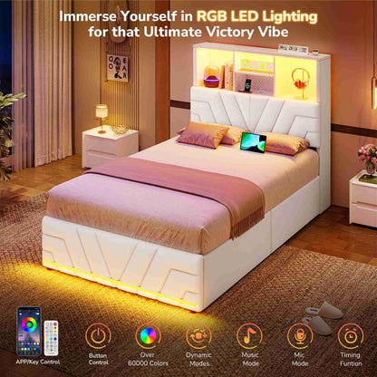 DICTAC | Gaming Bed Frame with 4 Drawers, RGB LED Lights, Charging Station & Storage Headboard, White