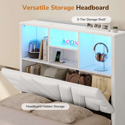 DICTAC | Gaming Bed Frame with 4 Drawers, RGB LED Lights, Charging Station & Storage Headboard, White