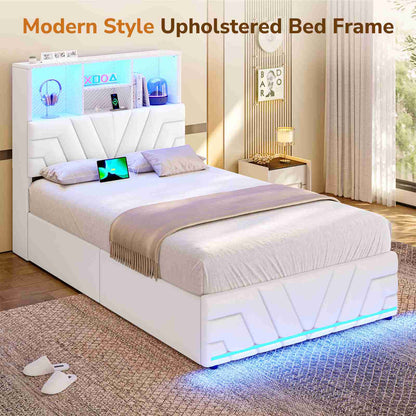 DICTAC | Gaming Bed Frame with 4 Drawers, RGB LED Lights, Charging Station & Storage Headboard, White