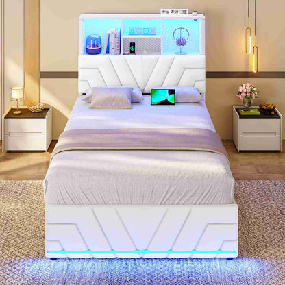 DICTAC | Gaming Bed Frame with 4 Drawers, RGB LED Lights, Charging Station & Storage Headboard, White