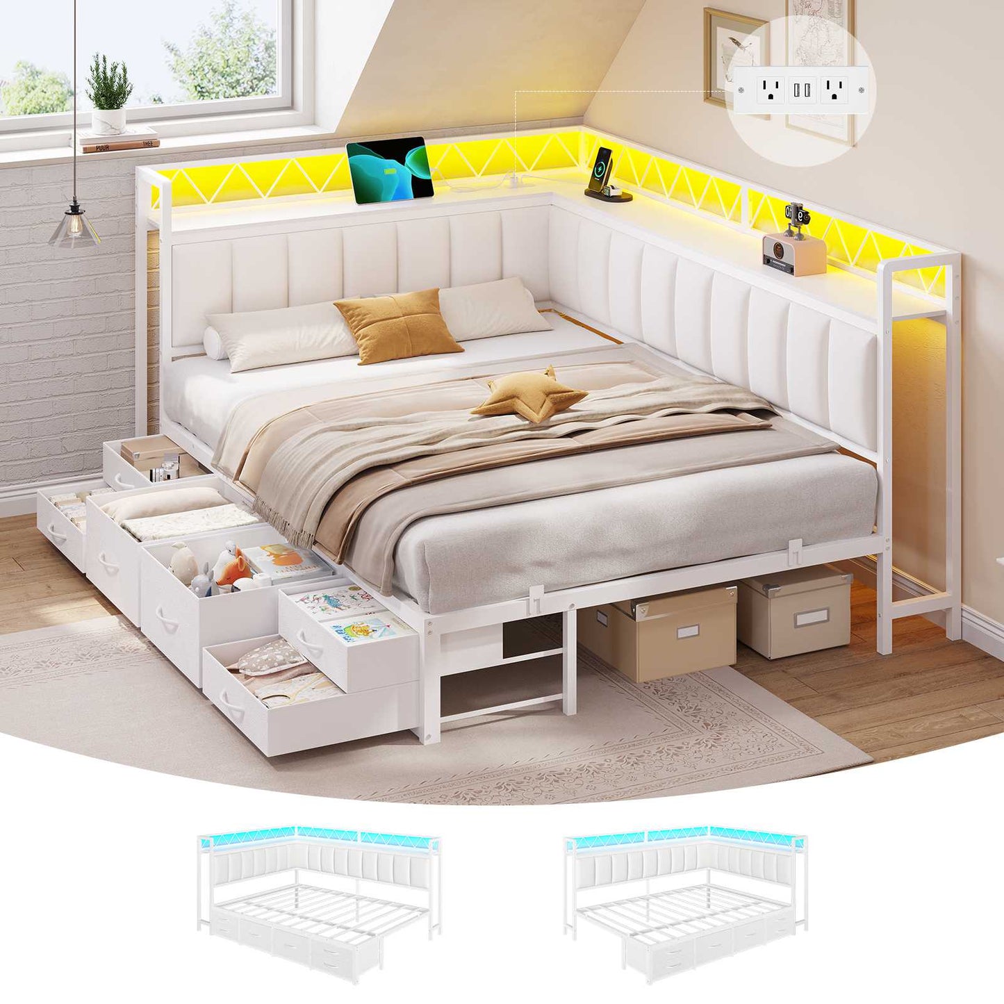 DICTAC | Corner Bed Frame with 6 Storage Drawers, Upholstered Guardrail, Charging Station, Storage Shelves & LED Lights, Modern Platform Daybed for Kids, Teens & Adults, White