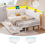 DICTAC | Corner Bed with 6 Storage Drawers, Shelves, Charging Station & LED Lights  - White