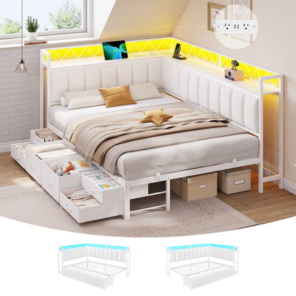 DICTAC | Corner Bed Frame with 6 Storage Drawers, Upholstered Guardrail, Charging Station, Storage Shelves & LED Lights, Modern Platform Daybed for Kids, Teens & Adults, White