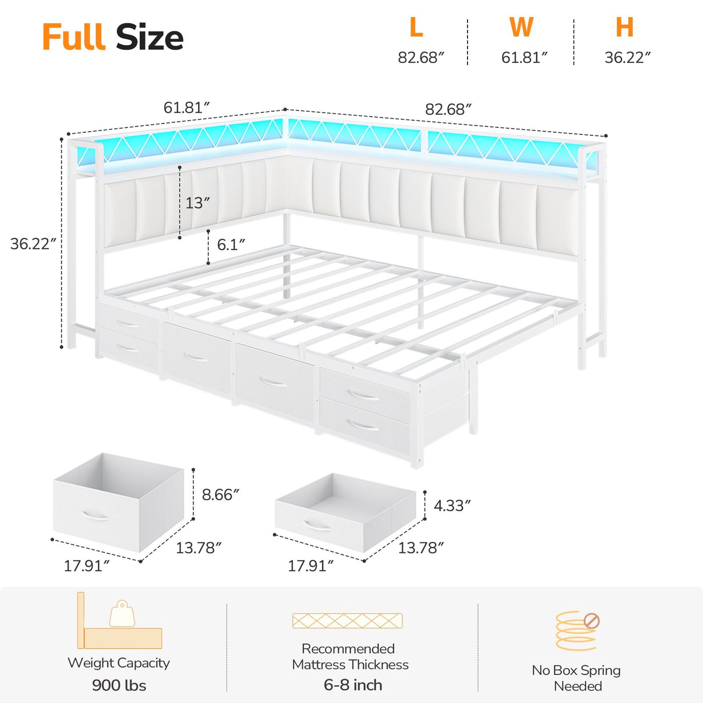 DICTAC | Corner Bed Frame with 6 Storage Drawers, Upholstered Guardrail, Charging Station, Storage Shelves & LED Lights, Modern Platform Daybed for Kids, Teens & Adults, White