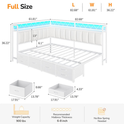 DICTAC | Corner Bed Frame with 6 Storage Drawers, Upholstered Guardrail, Charging Station, Storage Shelves & LED Lights, Modern Platform Daybed for Kids, Teens & Adults, White