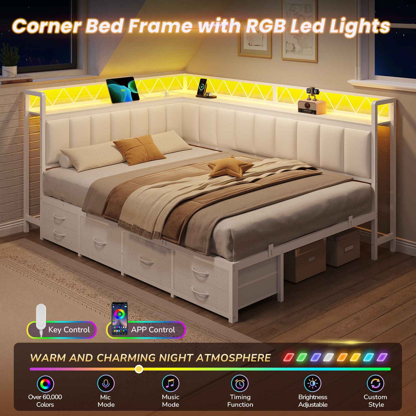 DICTAC | Corner Bed Frame with 6 Storage Drawers, Upholstered Guardrail, Charging Station, Storage Shelves & LED Lights, Modern Platform Daybed for Kids, Teens & Adults, White