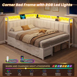 DICTAC | Corner Bed with 6 Storage Drawers, Shelves, Charging Station & LED Lights  - White