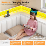 DICTAC | Corner Bed with 6 Storage Drawers, Shelves, Charging Station & LED Lights  - White