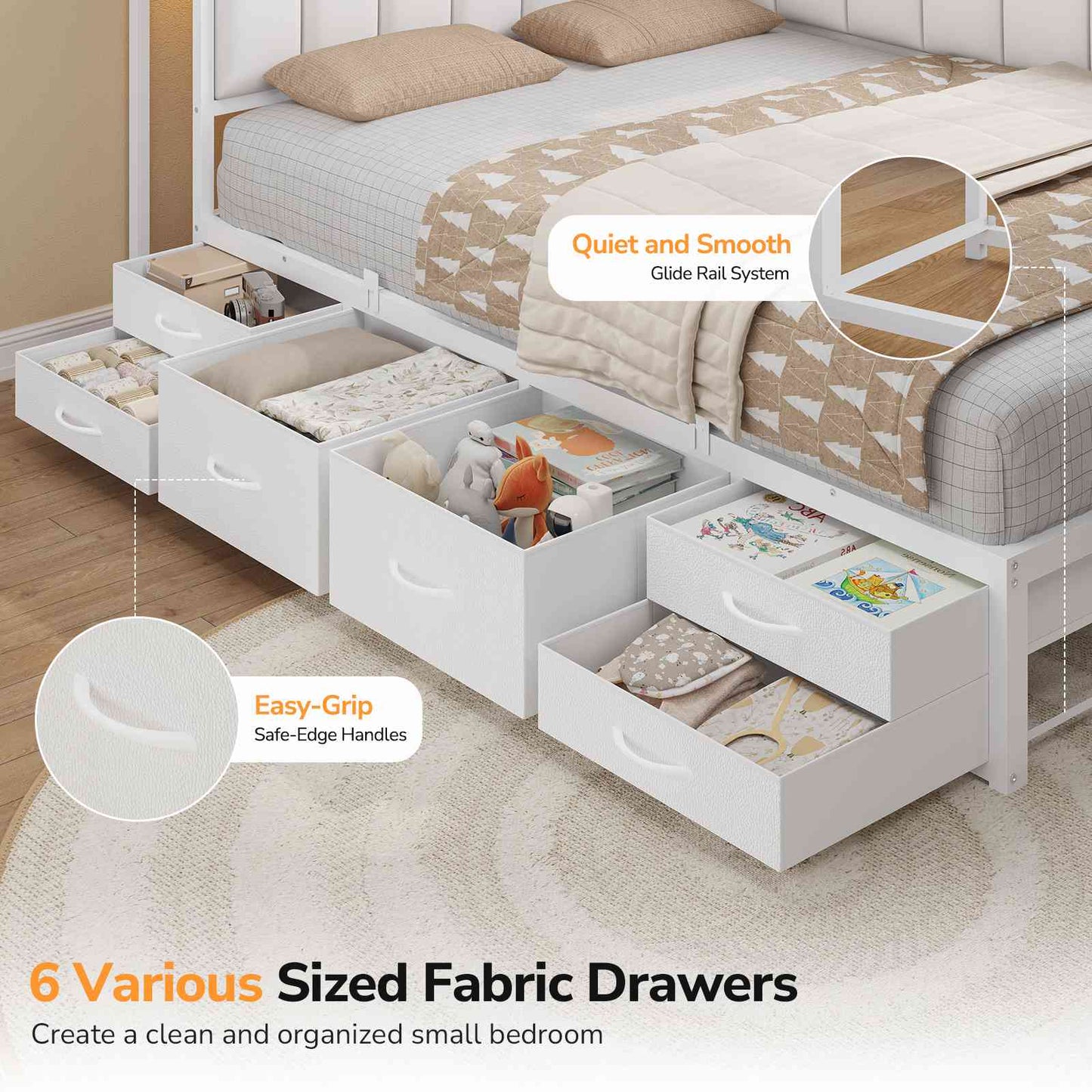 DICTAC | Corner Bed Frame with 6 Storage Drawers, Upholstered Guardrail, Charging Station, Storage Shelves & LED Lights, Modern Platform Daybed for Kids, Teens & Adults, White