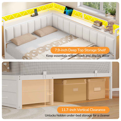 DICTAC | Corner Bed Frame with 6 Storage Drawers, Upholstered Guardrail, Charging Station, Storage Shelves & LED Lights, Modern Platform Daybed for Kids, Teens & Adults, White