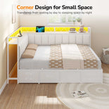 DICTAC | Corner Bed with 6 Storage Drawers, Shelves, Charging Station & LED Lights  - White