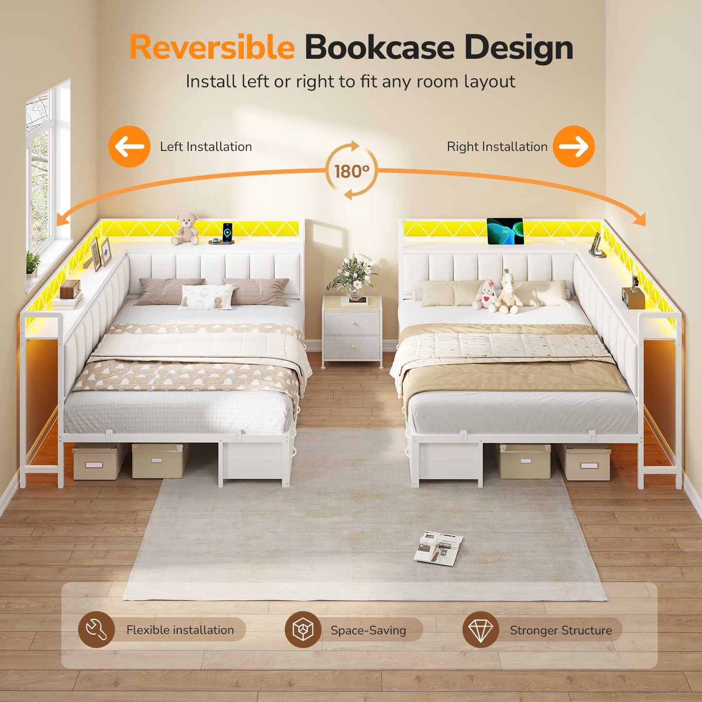 DICTAC | Corner Bed Frame with 6 Storage Drawers, Upholstered Guardrail, Charging Station, Storage Shelves & LED Lights, Modern Platform Daybed for Kids, Teens & Adults, White