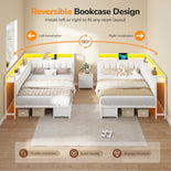 DICTAC | Corner Bed with 6 Storage Drawers, Shelves, Charging Station & LED Lights  - White