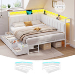 DICTAC | Corner Bed with 6 Storage Drawers, Shelves, Charging Station & LED Lights  - White